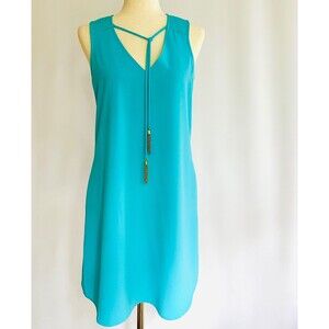 Trina Turk Aquamarine V-Neck Shift Dress with Front Tassel, Size 8